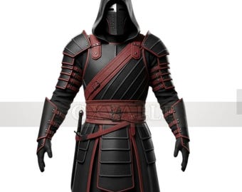 Zwart en rood Assassin-pantserkostuum - handgemaakt leer cosplay fantasy-gevechtsoutfit - gevechtsjas met capuchon