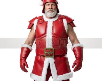 May include: A red Santa Claus costume with a helmet, shoulder pads, and chest armor. The costume includes a belt with a gold buckle, gloves, and pants. White faux fur trim accents the edges of the armor and gloves. A Santa hat with a white pom-pom completes the look.