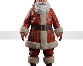 Puede incluir: Imagen de cuerpo entero de Papá Noel con un traje de cuero rojo con ribetes de piel sintética. Lleva un gorro, guantes y botas a juego. Un cinturón marrón ancho con hebilla cuadrada sujeta la chaqueta. Papá Noel tiene barba y bigote blancos.