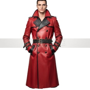 Men’s Gothic Red Leather Trench Coat – Double-Breasted Black Buckle Belted Long Jacket