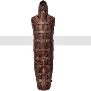Full-Body Brown Leather Restraint Suit with Buckles & Hood – High-Gloss Finish for Cosplay, Fetish, or Performance Wear