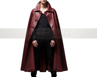 Dark Red Leather Cape: Gothic High Collar Cloak - XVALLE