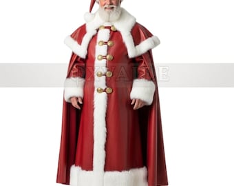 Kerstmanpak van echt leer: luxe kerstcosplay met bontafwerking