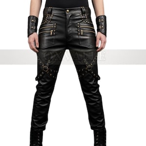 Black Leather Punk Pants: Gold Zippers, Studded Straps & Wrist Cuffs