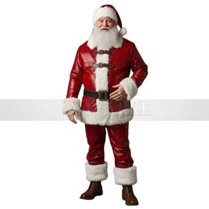 Men’s Christmas Santa Costume - Premium Santa Claus Suit include Coat Pant and hat set for Christmas Wear - Red Leather Santa Outfit