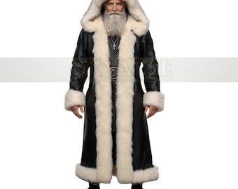 May include: A long black coat with white faux fur trim and a matching hood. The coat features a belt at the waist and fur cuffs. The coat is worn with black boots. The overall style is reminiscent of a Santa Claus costume.