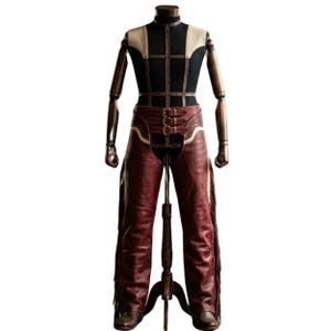 Puede incluir: Maniquí exhibiendo un atuendo de estilo western. El conjunto incluye una parte superior negra y beige con detalles de cuero, unos pantalones de cuero burdeos con flecos y un cinturón a juego. El diseño tiene una estética vintage.