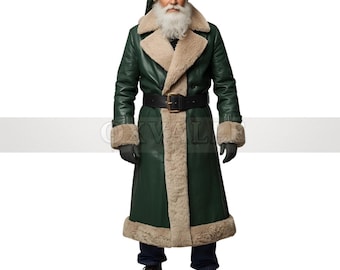 May include: A green leather coat with a faux fur collar and trim, worn with a black belt and gloves. The coat is knee-length and has a classic design. The person in the image is wearing a matching hat and has a white beard.