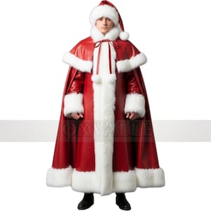 Elegant Red Satin Santa Costume: Faux Fur Trim Cape & Leather Coat