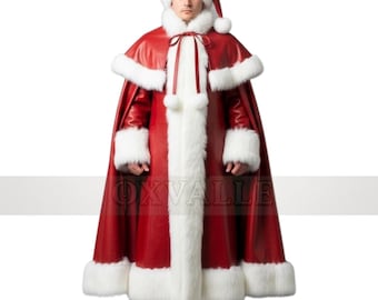 Könnte beinhalten: Ein rotes Weihnachtsmann-Kostüm mit weißem Kunstfellbesatz. Das Kostüm umfasst einen langen Mantel, eine Mütze und passende Verzierungen an den Ärmeln. Das Outfit ist aus einem glänzenden, lederartigen Material gefertigt und für festliche Anlässe gedacht.