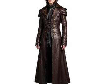Dark Brown Genuine Leather Long Trench Coat - Vintage Gothic Handmade Winter Costume for Women's