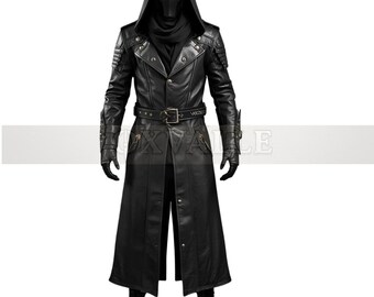 Handmade Black Leather Hooded Trench Coat: Gothic Warrior Cosplay Costume