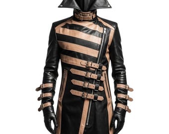 Gothic Hooded Leather Coat With Black Brown Contrast - Handmade Buckle & Zipper Closure Overcoat