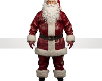 Real Leather Santa Suit: Fur Trim Christmas Costume Set