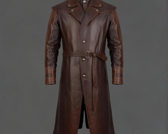 Handmade Dark Brown Leather Trench Coat: Double-Breasted Warrior Style