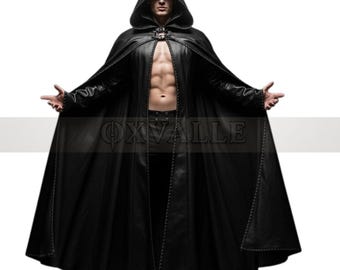 Genuine Leather Hooded Cloak – Medieval Cosplay, Gothic Rogue Costume, Dark Fantasy Cape