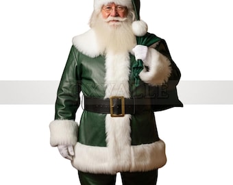 May include: A green Santa Claus costume with white faux fur trim. The outfit includes a jacket, pants, hat, and gloves. A black belt with a gold buckle cinches the waist. Santa holds a green sack.