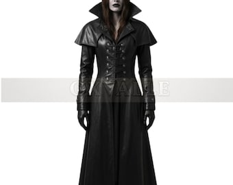 Genuine Leather Gothic Cape Coat: High Collar Dramatic Cosplay
