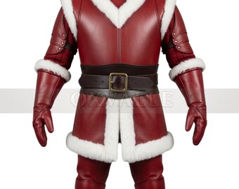 May include: A red leather Santa Claus costume with white faux fur trim. The costume includes a jacket, pants, gloves, and a belt with a gold buckle. The jacket has shoulder pads and the costume is designed to look like armor.
