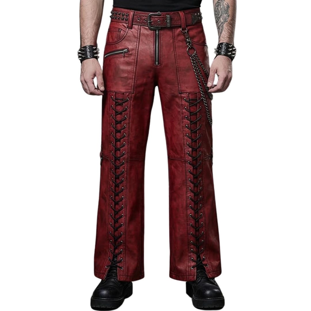 Men’s Red Leather Pants Gothic Punk Lace-up Biker Trousers – Handmade ...