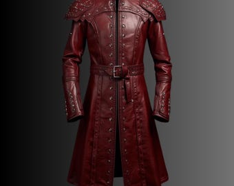 Gothic Armor-Style Fantasy Leather Coat - Handmade Medieval Style Battle Costume - Red Studded Long Outfit