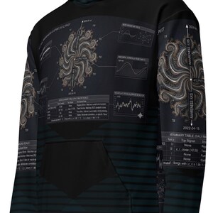 May include: Black hoodie with a distinctive design incorporating a swirling graphic and technical diagrams. The design includes text and data visualisations, with a gradient from black to teal stripes on the lower half. The hoodie has a front pocket and a hood.