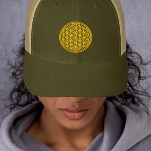 Embroidered Flower of Life Trucker Hat | Sacred Geometry Mesh Cap, Festival Streetwear Gift