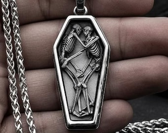 Gothic Coffin Necklace with Embracing Skeletons, 'Til Death Pendant, Eternal Love Memento Mori Biker Jewelry with Skull Bail