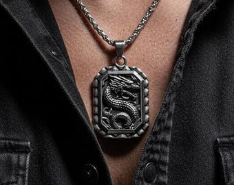 Men's Silver Dragon Pendant, Oxidized Chinese Dragon Necklace, Mythical Amulet for Strength, Stainless Steel Fantasy Jewelry, Gift for Him