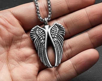 Collana con urna funeraria a forma di ali d'angelo da uomo, ciondolo portacenere in acciaio inossidabile, gioiello commemorativo, regalo di condoglianze per la perdita di una persona cara