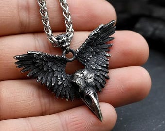Collar con calavera de cuervo vikingo, colgante de los cuervos de Odín Huginn y Muninn, joyería de mitología nórdica, amuleto de acero inoxidable para hombre, regalo pagano