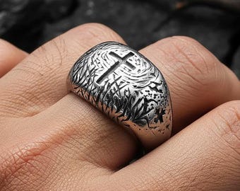 Anillo de cruz cristiana para hombre, banda de sello grabada de acero inoxidable, joyería religiosa, regalo de bautismo o confirmación para él