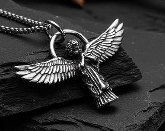 Men's Guardian Angel Wing Necklace, Stainless Steel Praying Angel Pendant, Spiritual Protection Amulet, Religious Jewelry Gift for Him