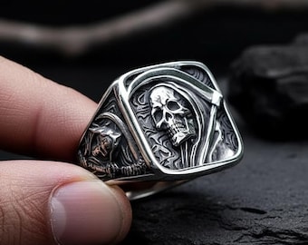 Anillo de calavera de la Parca, anillo motero de acero inoxidable, joyería gótica para hombre, anillo de guadaña punk rock, regalo para él