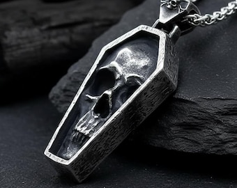 Gothic Skull in Coffin Necklace, Memento Mori Pendant, Punk Biker Jewelry, Stainless Steel Skeleton Casket Charm, Halloween Gift for Him