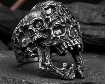 Anillo con diseño de calavera rugiente, anillo gótico motero de acero inoxidable para hombre, joyería punk llamativa