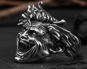 AQUA SILVER Clown Menu スカル 燻し加工リング 19号 Clown Ring Men's Evil, Stainless Steel Joker Face Jewelry, Gothic