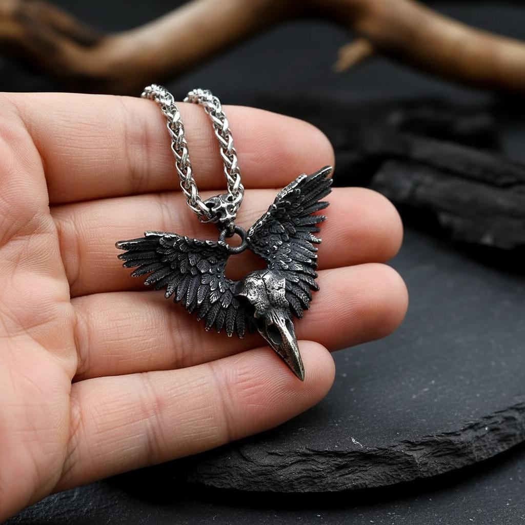 Amuleto Rune Corvo Odin Hugun e Munin in Argento Sterling