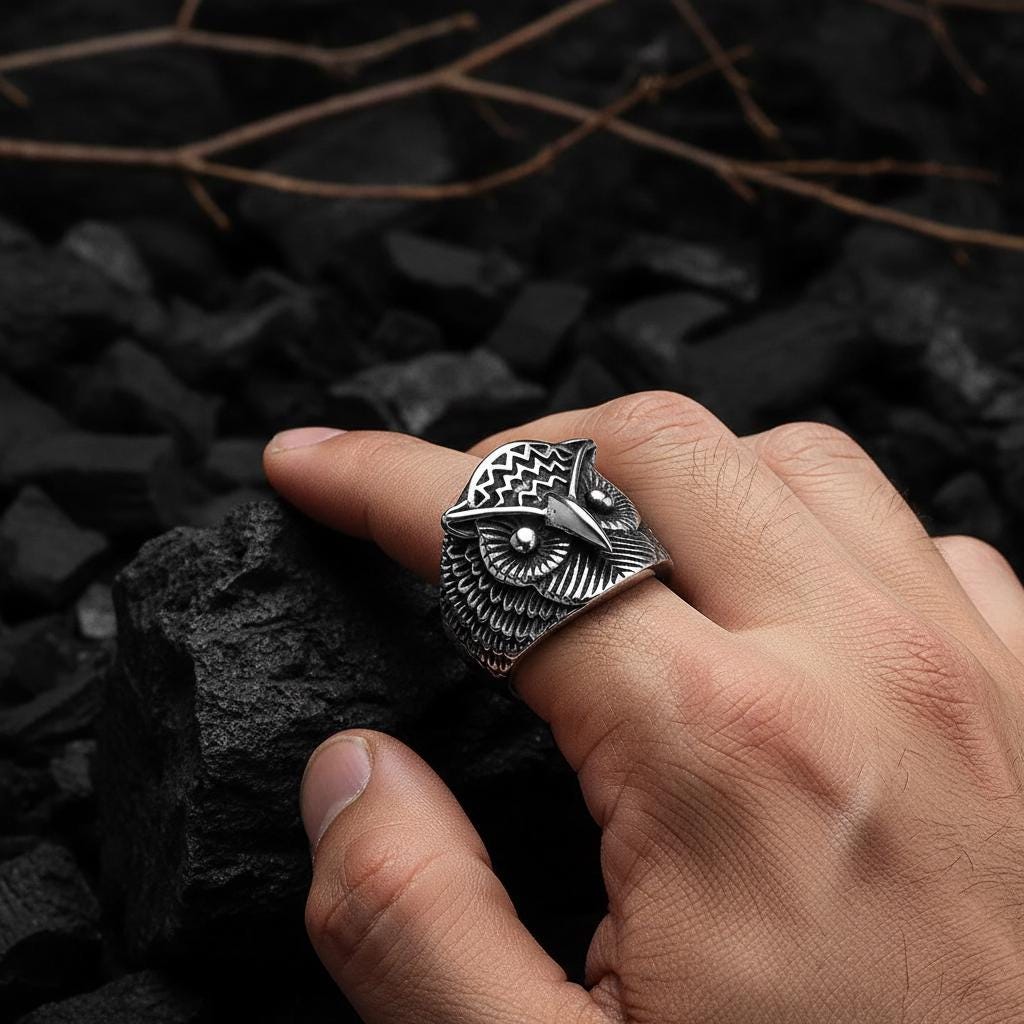 Gothic Owl Ring for Men, Stainless Steel Biker Animal Jewelry, Viking Nordic Bird Signet Ring, State