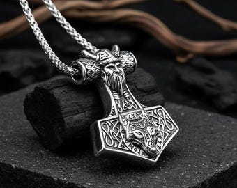 Collar con el martillo vikingo de Thor, colgante Mjolnir con Odín y el lobo Fenrir, nudo celta, joyería de mitología nórdica, regalo pagano para hombres
