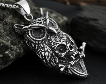 Collar con colgante de calavera de búho gótico para hombre, joyería vikinga motera de acero inoxidable, amuleto tótem oscuro para él