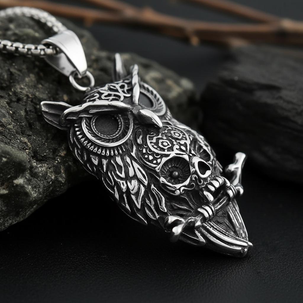Men's Gothic Owl Skull Pendant Necklace, Stainless Steel Viking Biker Jewelry, Dark Totem Amulet