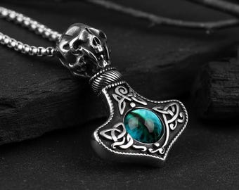 Collar nórdico vikingo con el martillo de Thor, colgante de calavera Mjolnir con ojo turco, amuleto gótico de protección, joyería de acero inoxidable para hombre, regalo para