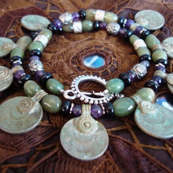 Ethnic Tribal Coin Necklace with Amethyst and Jade