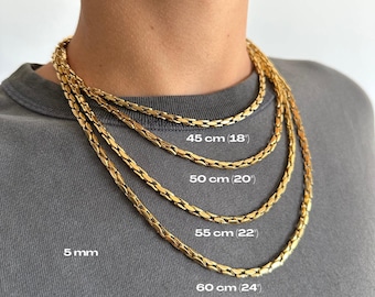 Men's gold box rope chain necklace, Gold braided stainless steel box chain, 18k gold plated men's necklace, Thick gold box rope necklace