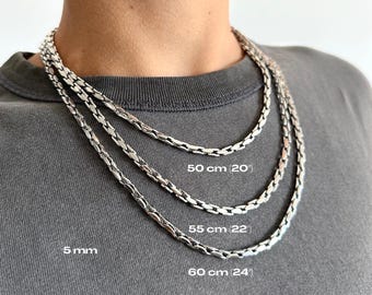May include: Three silver chain necklaces of varying lengths: 20 inches, 22 inches, and 24 inches. The chains are 5 mm thick and are displayed around a person's neck. The lengths are labeled in the image.