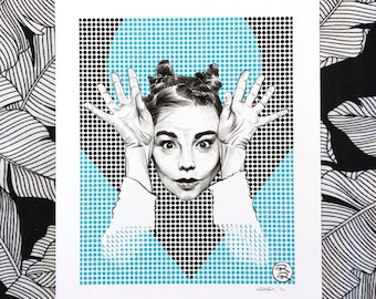 May include: Black and white illustration of a woman with her hands raised in front of her face. The background is a blue and black polka dot pattern.