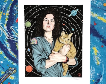 Sigourney Weaver as Ripley with Jonesy the Cat in Alien Art Print