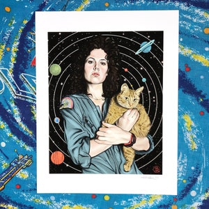 Sigourney Weaver as Ripley with Jonesy the Cat in Alien Art Print