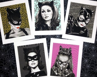 Five Catwomen - Eartha, Julie, Lee, Halle & Michelle as Catwoman Portrait Art Print Set